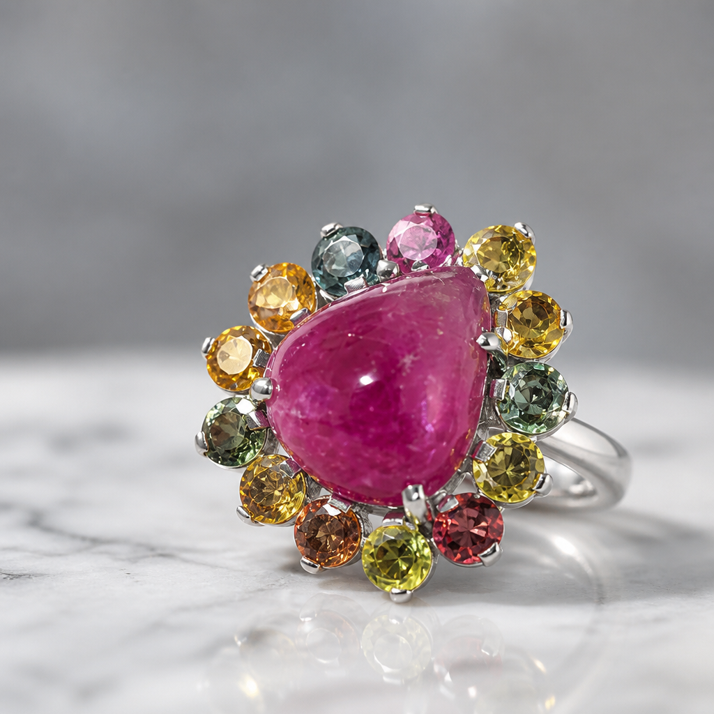 The Rainbow Sapphire & Cabochon Ruby Halo Ring
Description