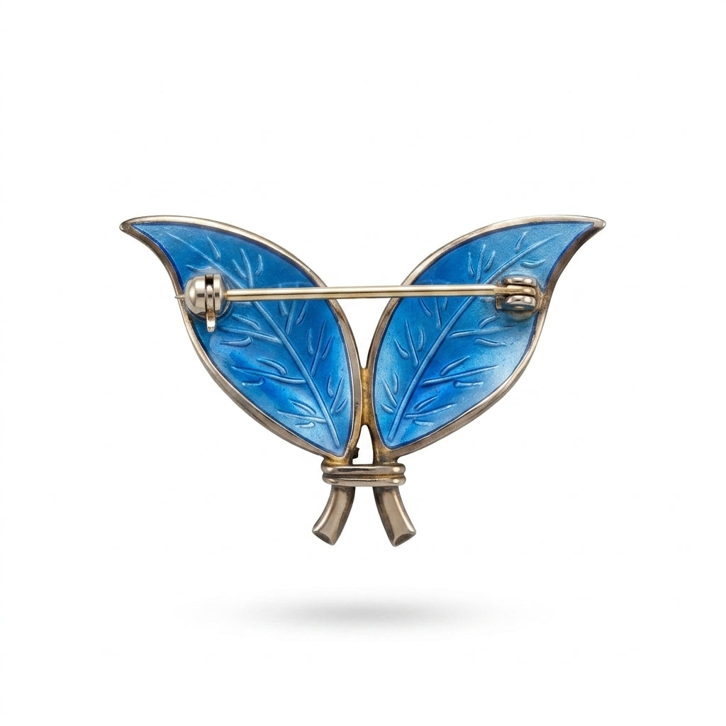 David-Andersen Norwegian Sterling Silver & Blue Guilloché Enamel Double-Leaf Brooch.