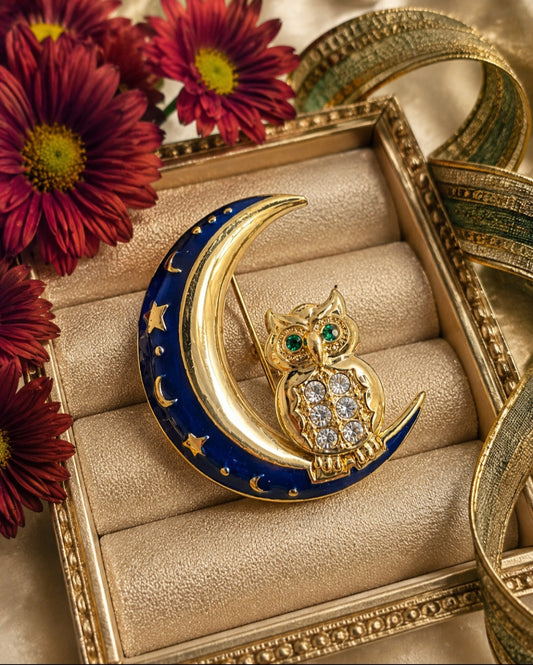 Celestial Owl & Crescent Moon Brooch
