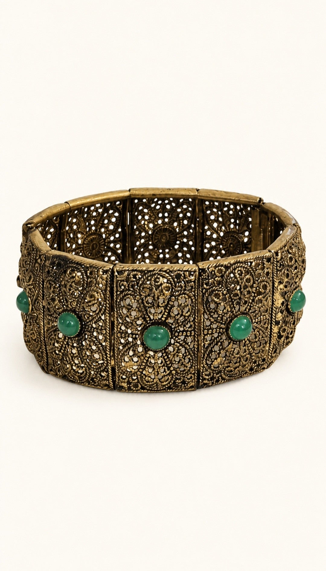 Vintage Antiqued Brass & Green Cabochon Filigree Bracelet