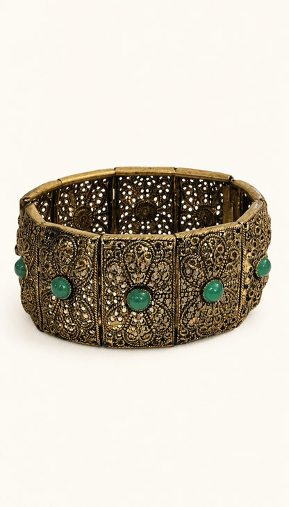 Vintage Antiqued Brass & Green Cabochon Filigree Bracelet