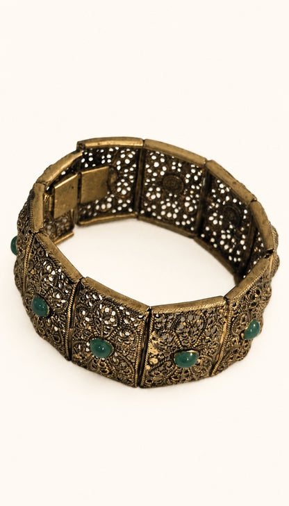 Vintage Antiqued Brass & Green Cabochon Filigree Bracelet