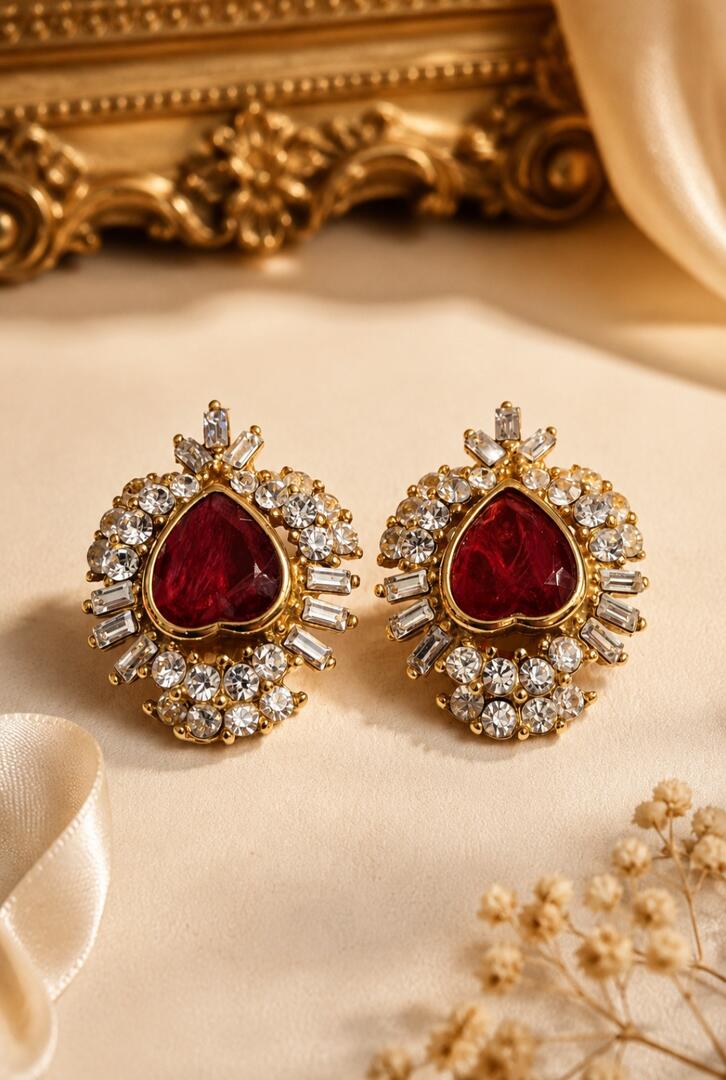 Captivating Vintage Heart Statement Earrings with Ruby Glass & Brilliant Rhinestones