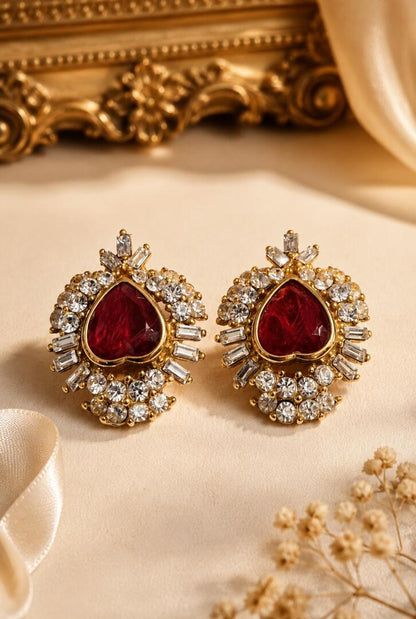 Captivating Vintage Heart Statement Earrings with Ruby Glass & Brilliant Rhinestones