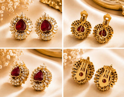 Captivating Vintage Heart Statement Earrings with Ruby Glass & Brilliant Rhinestones
