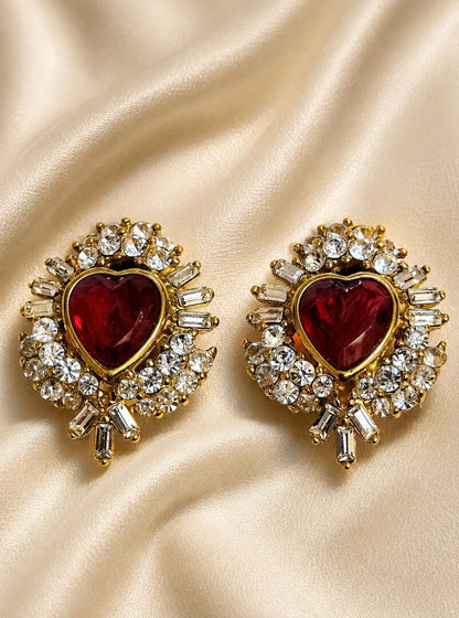 Captivating Vintage Heart Statement Earrings with Ruby Glass & Brilliant Rhinestones