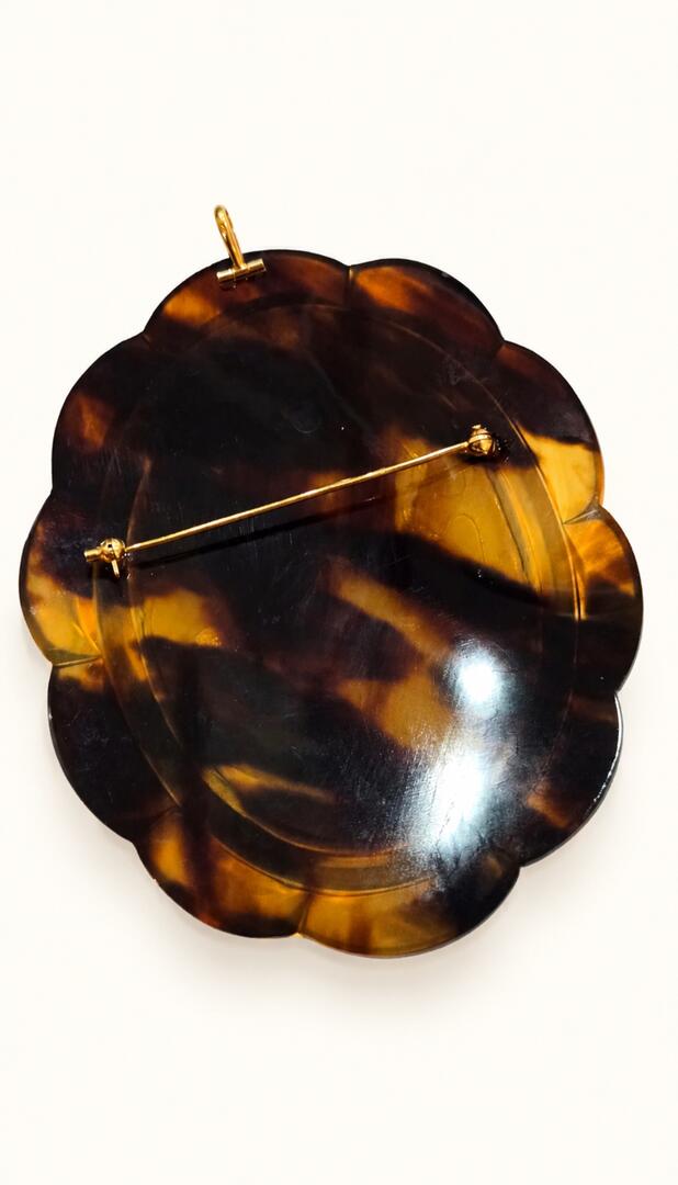 Vintage 18k Gold & Tortoiseshell Framed Shell Cameo Pendant-Brooch