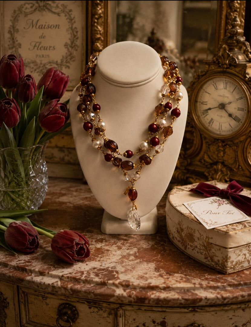 Vintage YSL Festive Beaded Statement Necklace with Crystal Drop