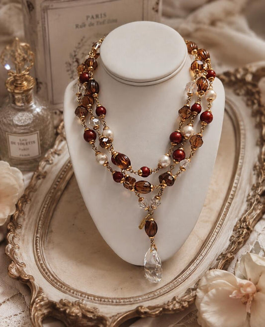 Vintage YSL Festive Beaded Statement Necklace with Crystal Drop