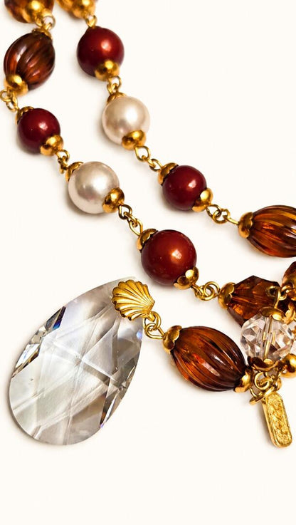 Vintage YSL Festive Beaded Statement Necklace with Crystal Drop