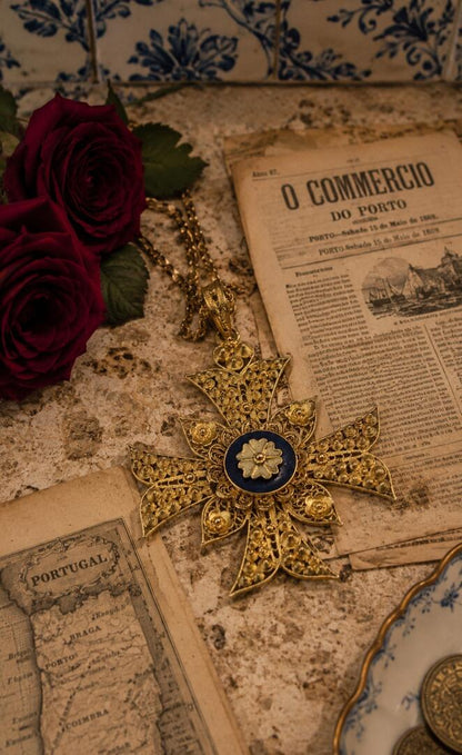 Portuguese Gold Filigree And Enamel Cross Pendant