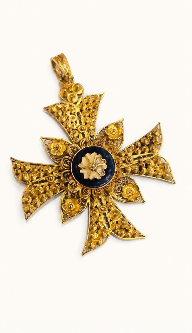 Portuguese Gold Filigree And Enamel Cross Pendant