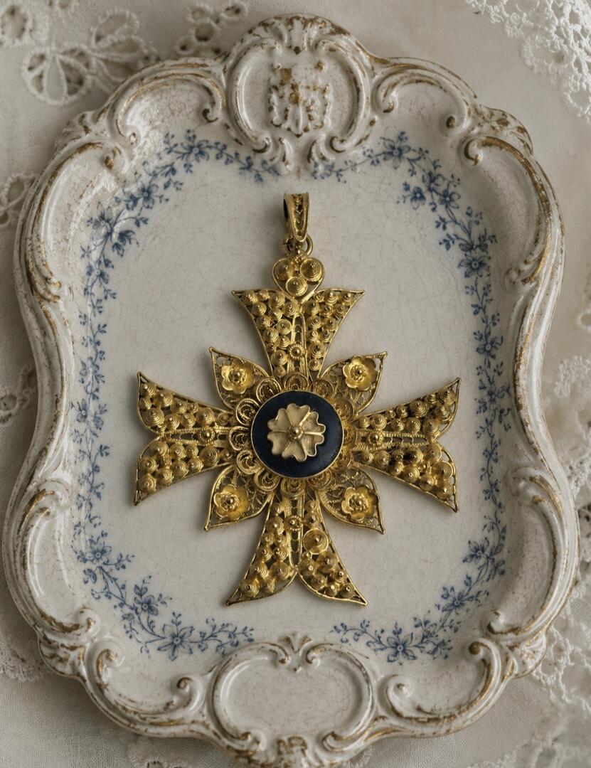 Portuguese Gold Filigree And Enamel Cross Pendant