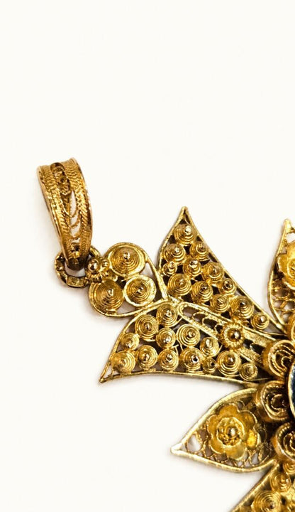 Portuguese Gold Filigree And Enamel Cross Pendant