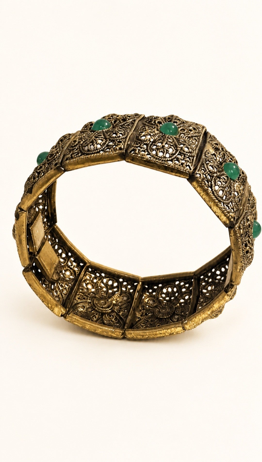 Vintage Antiqued Brass & Green Cabochon Filigree Bracelet