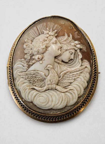 The Chariot of Dawn: Antique Victorian "Night & Day" Shell Cameo Brooch