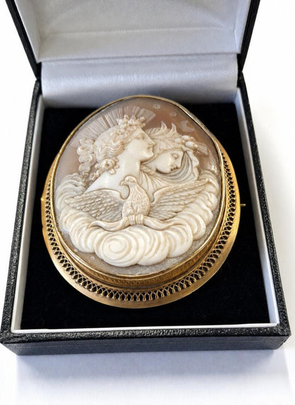 The Chariot of Dawn: Antique Victorian "Night & Day" Shell Cameo Brooch