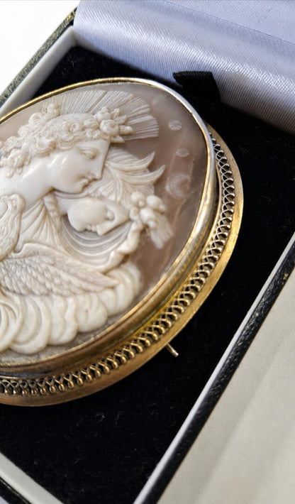 The Chariot of Dawn: Antique Victorian "Night & Day" Shell Cameo Brooch