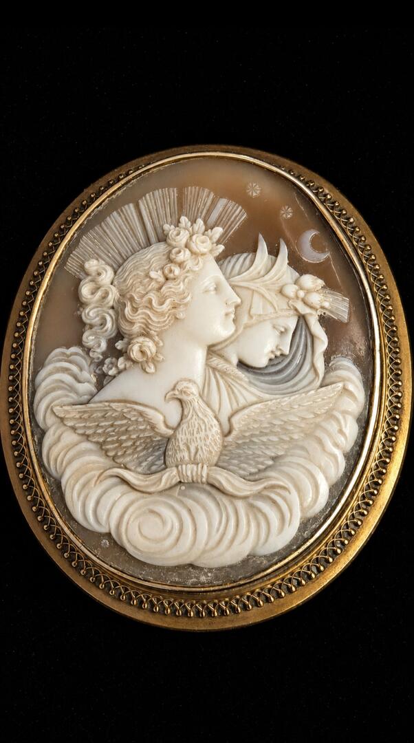 The Chariot of Dawn: Antique Victorian "Night & Day" Shell Cameo Brooch