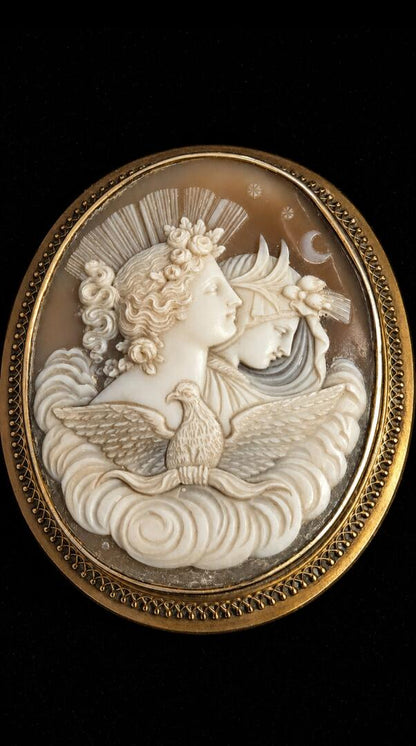 The Chariot of Dawn: Antique Victorian "Night & Day" Shell Cameo Brooch