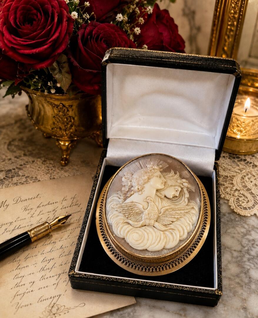 The Chariot of Dawn: Antique Victorian "Night & Day" Shell Cameo Brooch