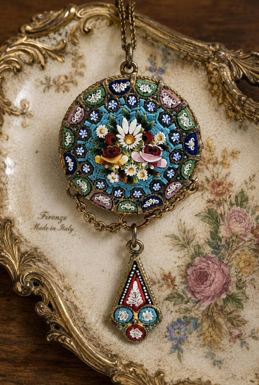 Antique Italian Micro-Mosaic Pendant & Dangle – Grand Tour Floral Motif, c. 1890-1910