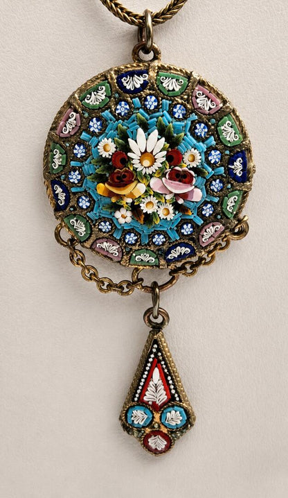 Antique Italian Micro-Mosaic Pendant & Dangle – Grand Tour Floral Motif, c. 1890-1910