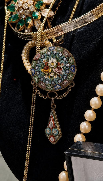 Antique Italian Micro-Mosaic Pendant & Dangle – Grand Tour Floral Motif, c. 1890-1910