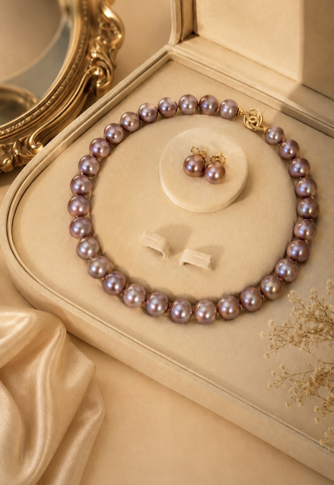 Natural Metallic Pinkish-Mauve Edison Pearl Necklace & Earring Set