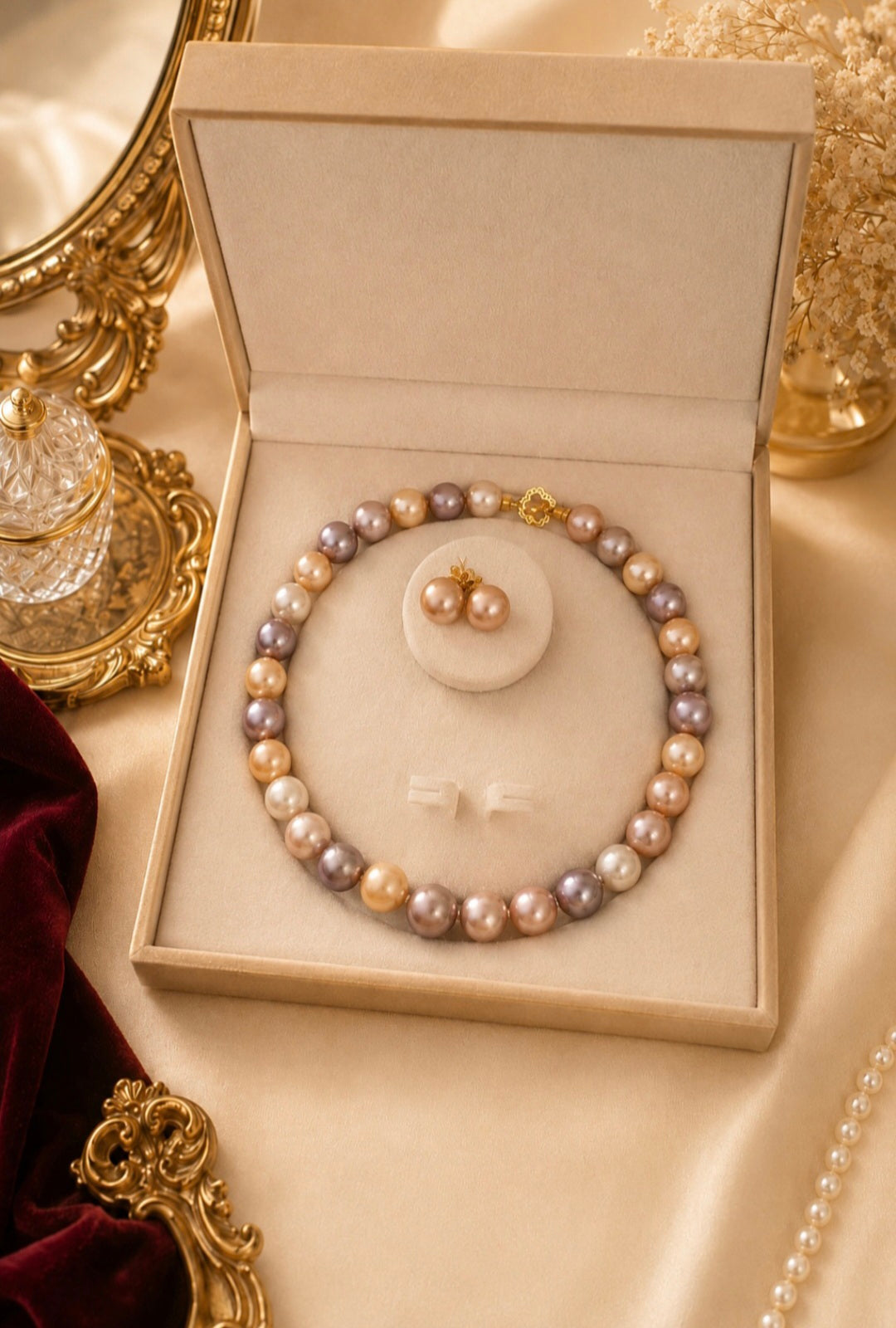 Natural Multi-Color Metallic Edison Pearl Necklace & Earring Set