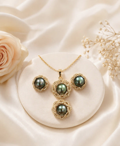Midnight Lagoon Pearl Floral Jewelry Set
