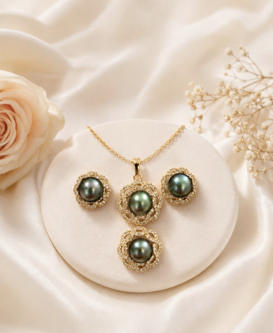 Midnight Lagoon Pearl Floral Jewelry Set