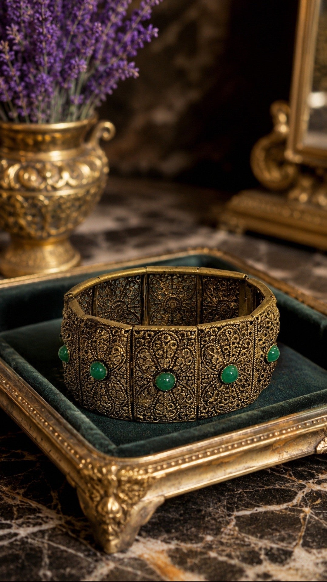 Vintage Antiqued Brass & Green Cabochon Filigree Bracelet