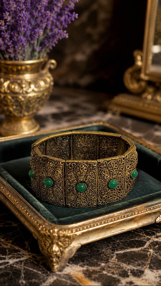 Vintage Antiqued Brass & Green Cabochon Filigree Bracelet