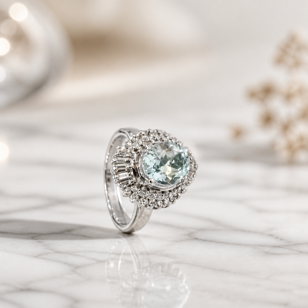 The Aquamarine Diamond Halo Ring.