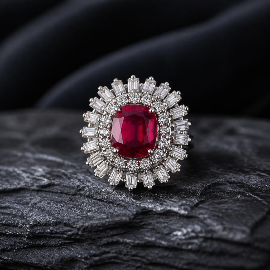 The Ruby Ballerina Halo Ring