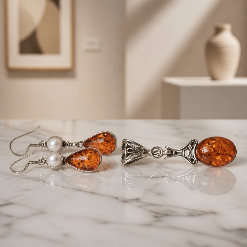 The Cognac Amber & Pearl Jewellery Set