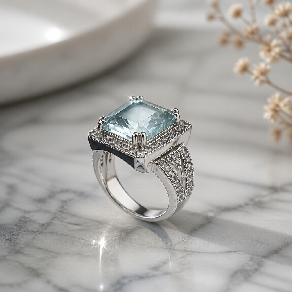 The Aquamarine Double Halo Ring