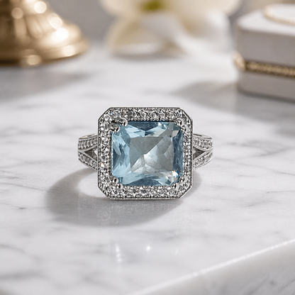 The Aquamarine Double Halo Ring