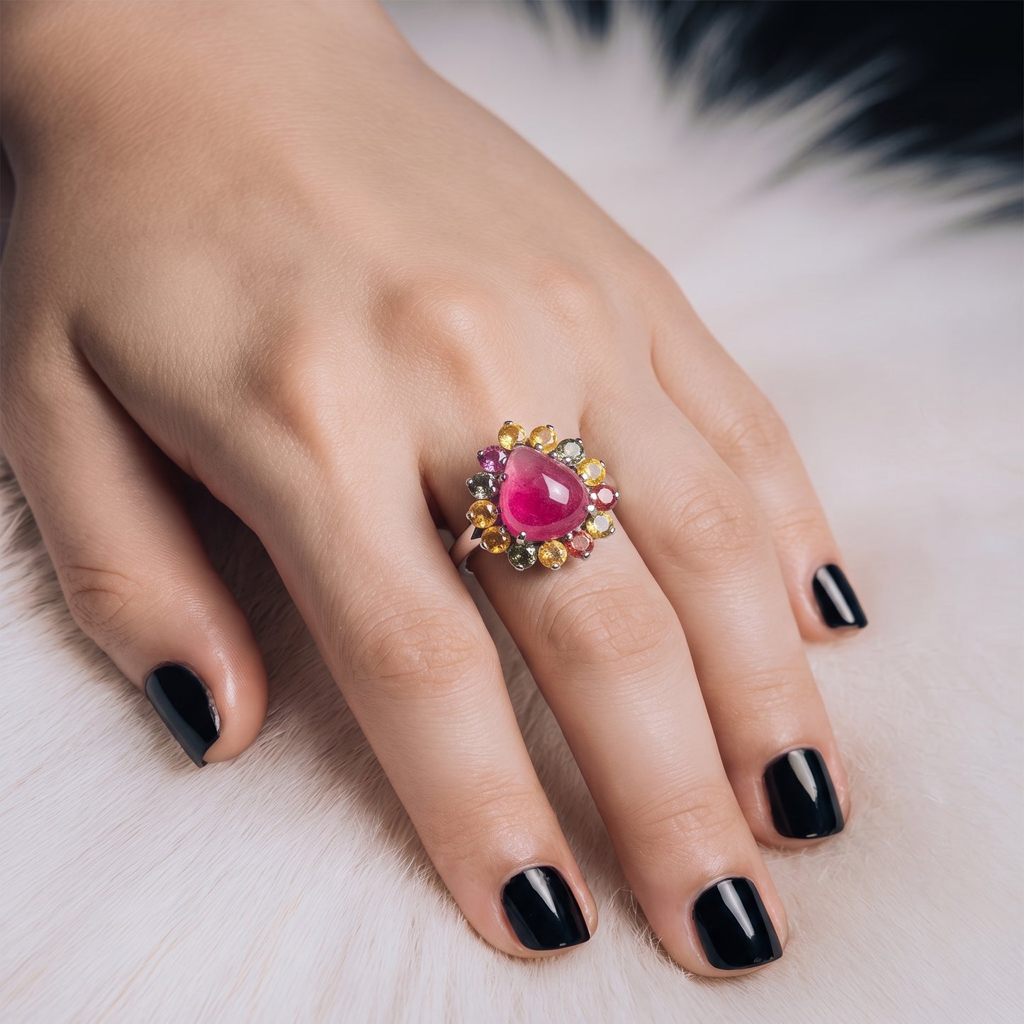 The Rainbow Sapphire & Cabochon Ruby Halo Ring
Description