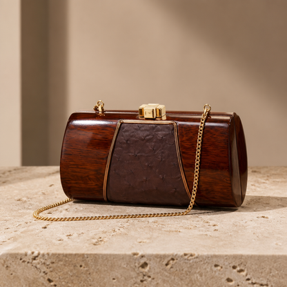 The ROCIO Venus Wood & Ostrich Clutch