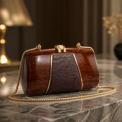 The ROCIO Venus Wood & Ostrich Clutch