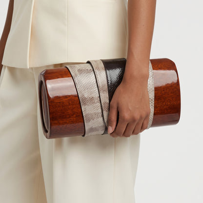The ROCIO Acacia Wood & Python Capsule Clutch