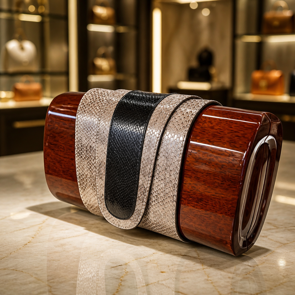 The ROCIO Acacia Wood & Python Capsule Clutch