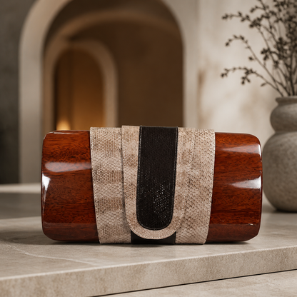 The ROCIO Acacia Wood & Python Capsule Clutch