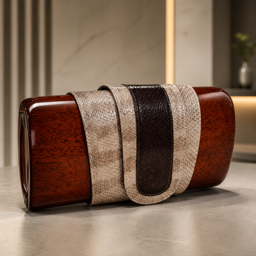 The ROCIO Acacia Wood & Python Capsule Clutch