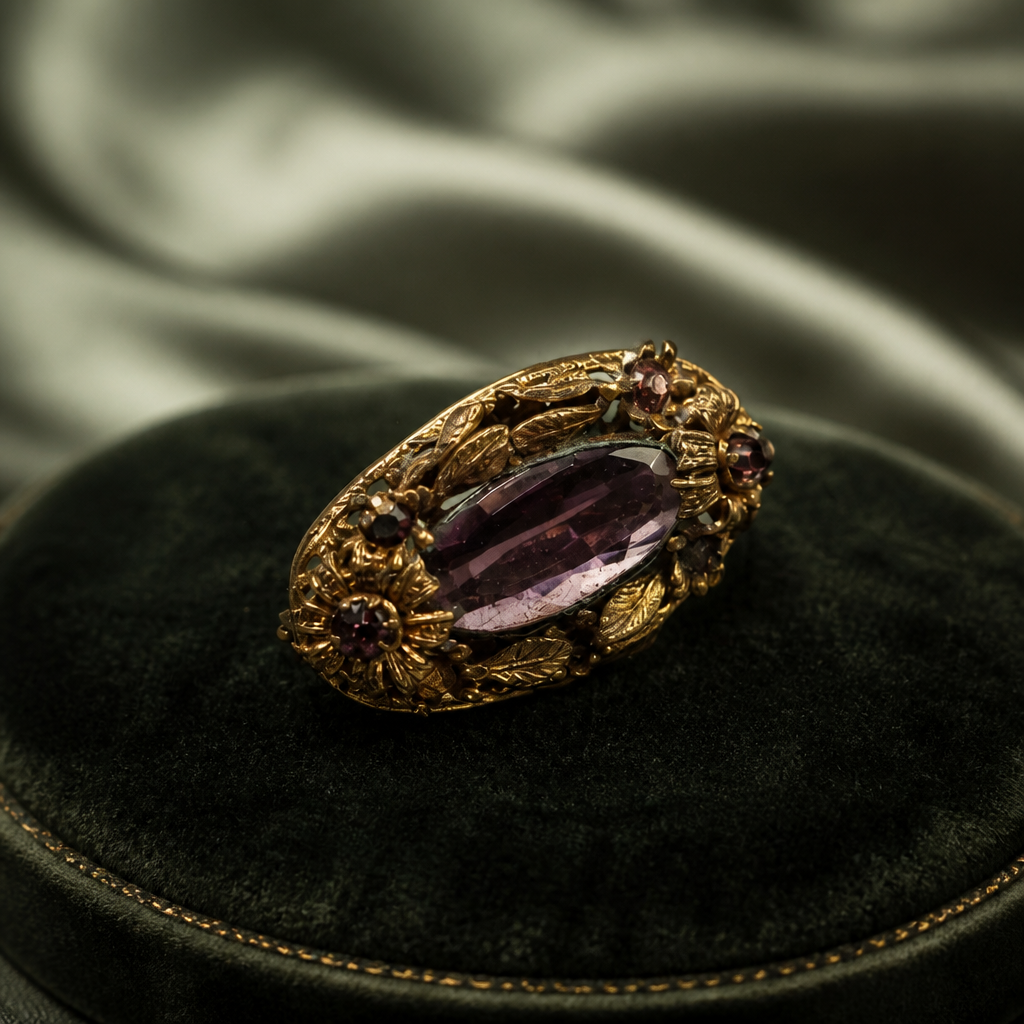 The Amethyst Ornate Oval Brooch.