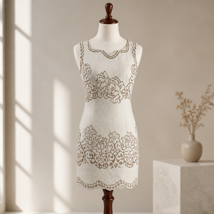 The Ivory Gold Embroidered Mini Dress.