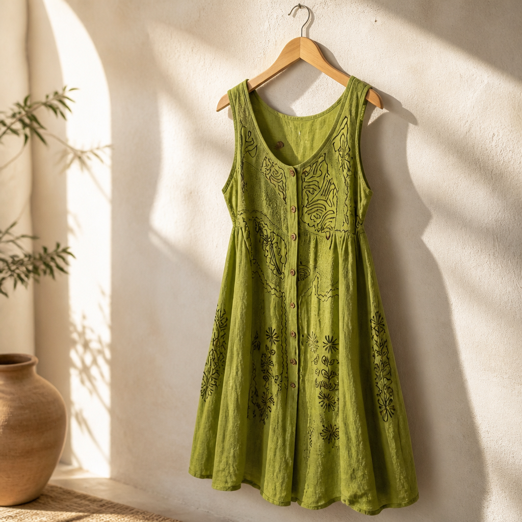 The Olive Green Embroidered Boho Tunic Dress.