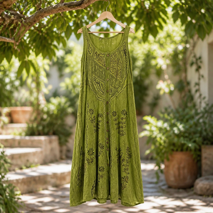 The Olive Green Embroidered Boho Tunic Dress.